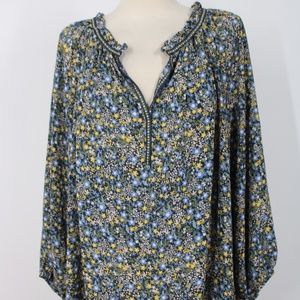 NWOT Max Studio 2X Green Blue Yellow Mini Floral Split Neck Top